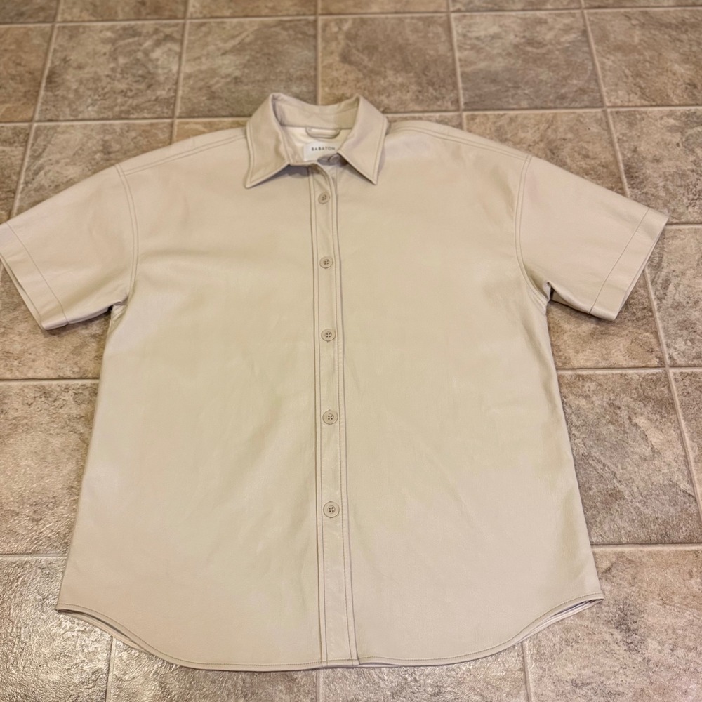 Babaton Vegan Leather Short Sleeve Button Down Shirt Beige Mens Large L